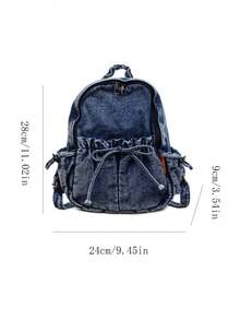 Women Light Blue Backpack Gathered Drawstring Front Storage Pocket Side Soft Lightweight Backpack For Campus Short Trips - Blue - View 6