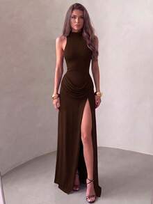 Solid Color Elegant Ruffled Hem Zipper Maxi Dress, Beach - Brown - View 2