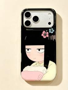 1pc Cute Long Straight Bangs Cartoon Girl Hibiscus Print Black Glossy Frame Transparent Soft Phone Case, Compatible With IPhone 17 Pro Max/16/15/14/13/12/11 Pro Plus/16E, Large Split Silver Lens Window Full Lens Protection Cover, Waterproof Shockproof Anti-Drop Anti-Scratch TPU Protective Shell - Hibiscus Black Swamp Sawako - View 3
