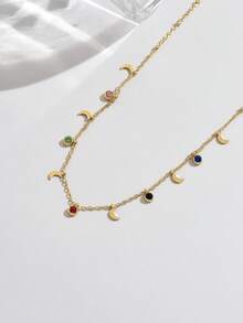 1 Stück modische Edelstahl Mond Anhänger Halskette, 18K vergoldet mit farbigen Zirkonia-Einlagen, minimalistischer vielseitiger Multi-Anhänger Schmuck, geeignet für den täglichen Gebrauch von Frauen, als Geschenk und für den Urlaub - Gold - Übersicht 2