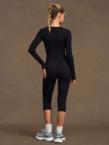 VVX Women's Capris Yoga Jumpsuit Square Neck Long Sleeve, Seamless Ribbed Tummy Control Solid Color Sportswear Workout Gym Jumpsuit Black - Black - View 4