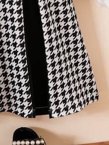 New Spring/Autumn Young Girl Black And White Houndstooth 2 In 1 Dress With Ruffled Puff Sleeves, Double Bow Pleats, School Princess Dress - Black - View 7