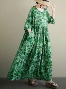 Halloween Elegant Ball Women's Plus Size Green Floral A-Line Long Dress, Batwing Sleeve Short Sleeve, Spring/Summer Casual Loose Long Dress Vacation - Green - View 2