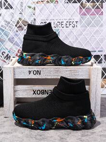 1 Pair Kids Colorful Sole High-Top Socks Shoes, Elastic Soft Bottom Outdoor Sports Shoes - Black - View 18
