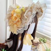 LOLITA 田園風多色可愛花卉蕾絲蝴蝶結平頂草帽，Lolita髮飾，春夏秋冬四季森系Lolita髮飾，編織防曬裝飾帽，優雅蕾絲服裝搭配頭飾 - A - 查看 14