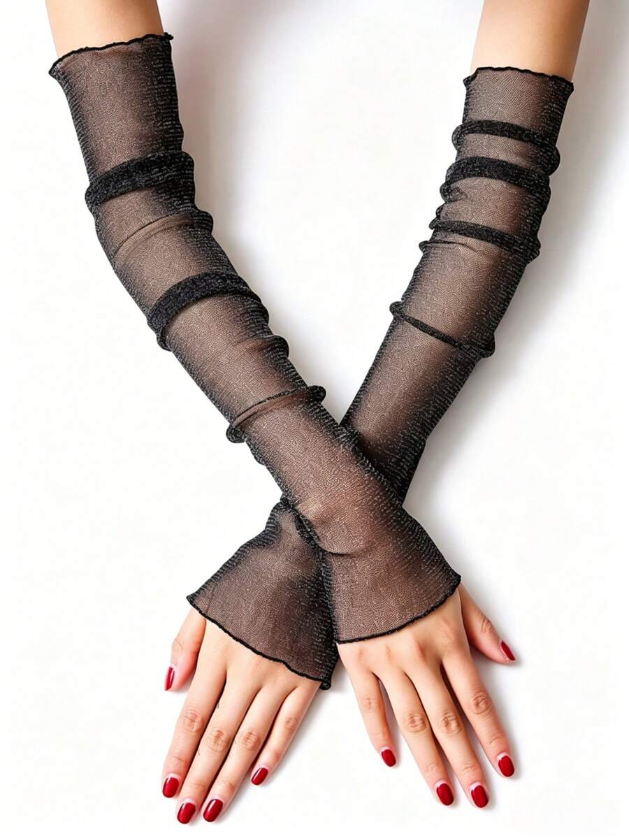1 Pair Y2K Glitter Sheer Mesh Ruched Arm Sleeves, Long Semi-Sheer Pleated Sun Protection Arm Covers For Women - Multicolor - View 1