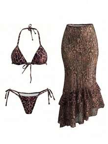 Leopard Print Backless Lace Up Bikini Three Pieces Set Ruffle Edge Dress,Sexy Elegant Women's Summer Casual Beach Vacation Party Fashionable Swimwear - Brown - View 3
