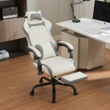 Silla ergonómica para juegos y oficina, fabricada en cuero sintético transpirable, equipada con reposapiés, estructura de acero y ruedas silenciosas, giratoria 360°, adecuada para la oficina en casa y para jugar. - Blanco - Ver 6