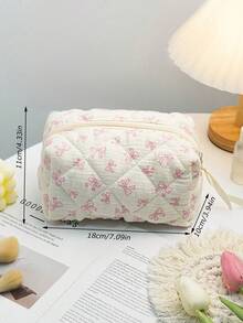 Cute Bow Knot Makeup Bag, Bow Knot Pattern Toiletry Bag, Travel Storage Zipper Pouch, Quilted Makeup Bag, Fashionable Foldable Commuter Makeup Brush Storage Bag, Aesthetic Makeup Bag - A - View 9