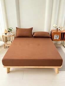 Camel Color Brushed Skin-Friendly Soft Comfortable 3 PiecesBed Sheet Set - Rust Brown - View 3