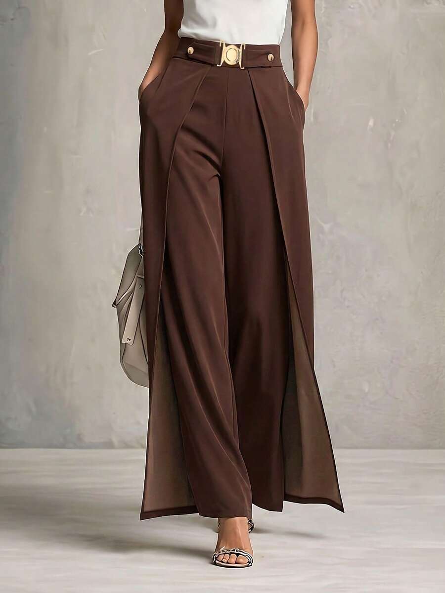 Elegante -Hose mit weitem Bein und Gold-Schnallen-Gürtel, perfekte Wahl für den Herbst - Kaffeebraun - Übersicht 1