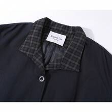 Premium Navy Plaid Patchwork Long Trench Coat Jacket With Pockets, Long Sleeve, For Evening Date, College Style, Daily Wear, Spring And Autumn - Navy Blue - View 2