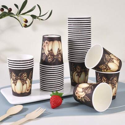 10/20/40pcs Leopard Print Pumpkin Disposable Paper Cups, Suitable For Halloween Party, Autumn Fashion Party, Thanksgiving Dinner, Leopard Print Theme Party, Adult Party, Dessert Table And Fashion Gathering