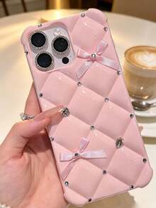 蝴蝶結裝飾手機殼，可愛閃亮鑽石蝴蝶結手機殼，適用於 iPhone 18 17 Pro Max /17e/16/15/14/13/12/11 Pro Max，柔軟 TPU 材質，防震，手工製作 - 粉色 - 查看 2