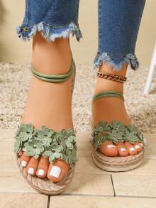 1 Pair Floral Print Beach PU Leather Flower Embroidery Flat Sandals Summer Elastic Adjustable - Green - View 5