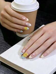 10pcs/Set Macaron Gradient Blue Almond Short Handmade Press On Nails 3D White Yellow Flower & Seashell Texture False Nail French Tips With Pearl Decor For Summer Party Daily Manicure - Baby Blue - View 4
