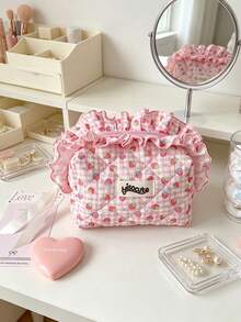 Cute Strawberry Flower Quilted Makeup Bag With Lotus Leaf Edge Zipper Makeup Bag Large Capacity Travel Toilet Bag Multi Functional Storage Bag Pen Bag - Multicolor - View 2