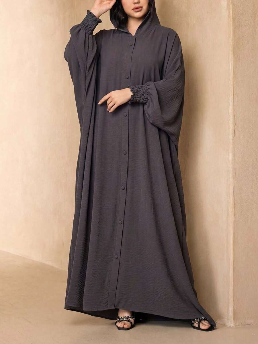 1pc Fashionable Versatile Solid Color Hooded Buttoned Ice Silk Crinkled Long Robe Women's Elegant Soft Abaya Sun Protection Muslim Clothing Shawl - Dark Grey - View 1