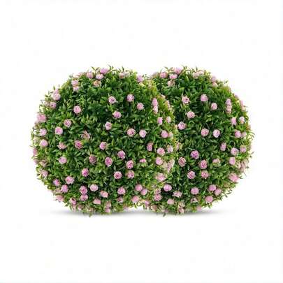 14.5" Lifelike Artificial Topiary Balls, 2 PCS Faux Greenery With Pink Rose, PP Frame, Sun-Protective Boxwood Balls For Home Decor