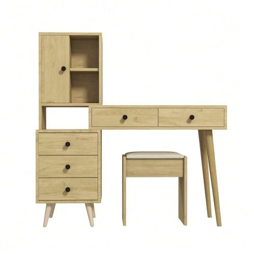 Modern Dressing Table With Mirror And Storage Space; The Mirror Is Retractable. It Features 5 Drawers, A Side Cabinet, And A Beige Upholstered Stool (With A Natural Wood Look). - 卡其色 - 查看 1