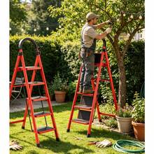 Escalera De Tijera Tubular Plegable 5 Peldaños Color Rojo Resistente Antideslizante Portátil Para Hogar Limpieza Reparaciones - Rojo - Ver 3