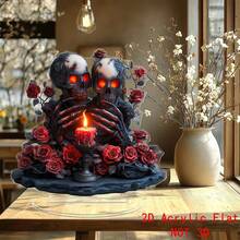 1PC Gothic Skeleton Skull Red Rose Candle 2D Acrylic Standee, Spooky Halloween Table Decor, Creepy Haunted House Desktop Ornament, Dark Horror Scary Goth Home Party Gift - A - View 1