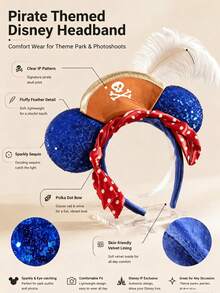 Serre-tête Oreilles de Mickey Pirate Disney, Chapeau Crâne à Paillettes Bleues avec Plume Blanche et Écharpe à Pois, Accessoire de Coiffure Costume de Fête de Cosplay Halloween - A - Voir 2