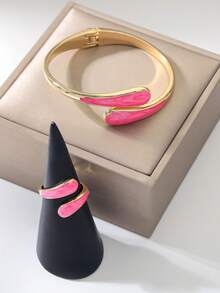 2pcs Set (Water Drop Bracelet And Water Drop Ring), Fashionable Open Symmetrical Rose Red Double Water Drop Shaped Cross Bracelet And European And American Fashion Geometric Water Drop Cross Vintage Gold Ring. Exquisite, Sweet And Elegant Style With Simple And Vintage Design. European And American Style, High-End Feel. Perfect For Daily, Work, Meetings, Parties, Romantic Dates, Photo Shoots, Business Negotiations Or Any Other Elegant Occasions, Beach, Seaside, Vacation Style, Summer Jewelry Set Combination - Hot Pink - View 4