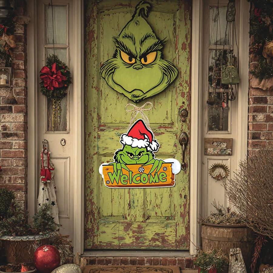 The Grinch Christmas Decorations, Small Door Ornaments, Creative Decor, Scene Decoration, Party Favors - Multicolor - View 1