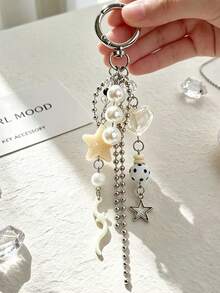 1pc INS Style Five-Pointed Star Keychain With Pearl Heart And Star Bag Charm Accessory - Multicolor - View 2