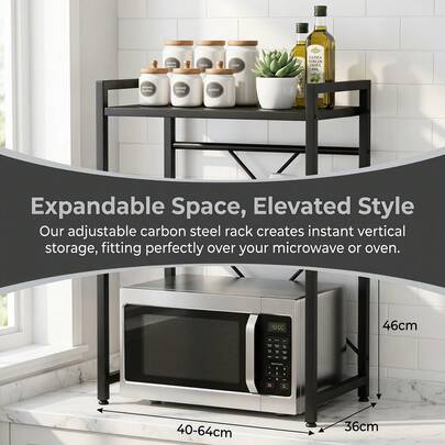 Adjustable Carbon Steel Microwave Stand 46X36X40-64cm, Anti-Rust Countertop Rack With 6 Hooks & Non-Slip Feet For Multi-Scene Storage