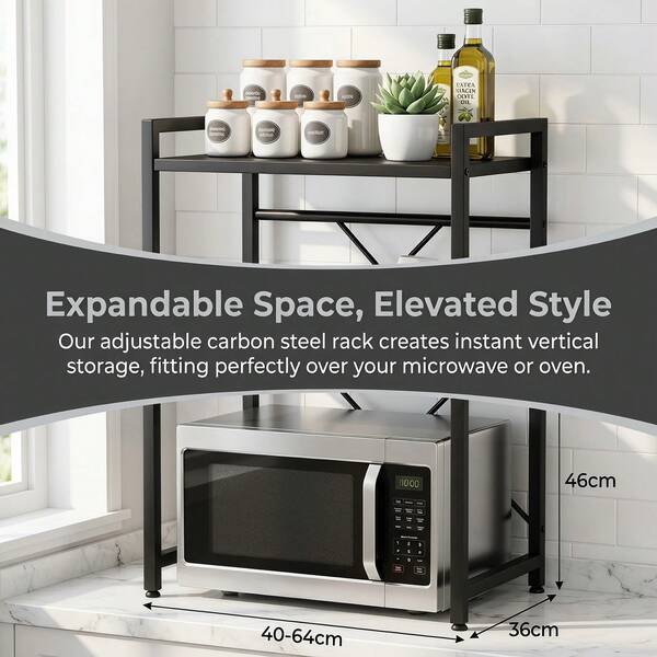 Adjustable Carbon Steel Microwave Stand 46X36X40-64cm, Anti-Rust Countertop Rack With 6 Hooks & Non-Slip Feet For Multi-Scene Storage