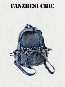 Women Light Blue Backpack Gathered Drawstring Front Storage Pocket Side Soft Lightweight Backpack For Campus Short Trips - Blue - View 7