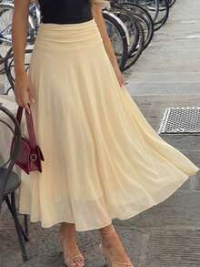 Women's Solid Color Waist Pleated Elegant Fashionable Skirt - Yellow - View 1