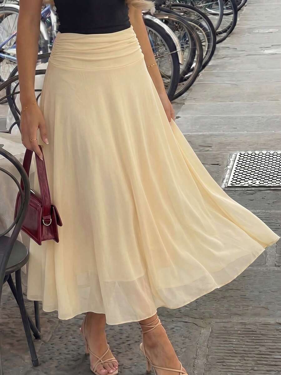 Women's Solid Color Waist Pleated Elegant Fashionable Skirt - Yellow - View 1