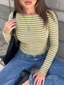 Atasan Lengan Panjang Wanita Bergaris Slim Fit Serbaguna untuk Pemakaian Sehari-hari - Kuning - View 5
