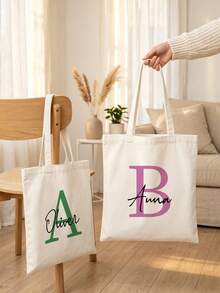 Customized Name Halloween Ghost Letter Tote Bag, Personalized Pumpkin Bat Pattern Canvas Handbag, Large Capacity Reusable Holiday Party Gift Shopping Shoulder Bag - Multicolor - View 5