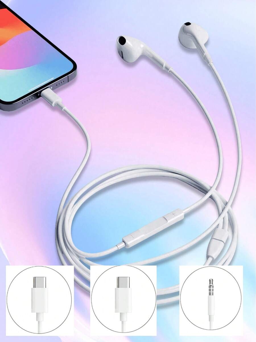 Wired Earphone Type C Electronic Earbuds , 3.5mm Jack Round Plug, USB C Earbuds, Earbuds Audio Headphones Electronic Calls & Music Bass Stereo Compatible With Iphone In-Ear Headphones Headset For Ipad/Pc - 白色 - 查看 1