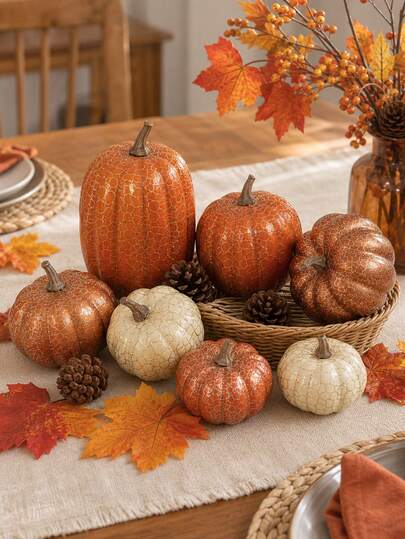 8/4/1pc Artificial Pumpkin Autumn Decor, Metal Cracked Design Foam Pumpkin, Thanksgiving Table Centerpiece Decoration, Suitable For Halloween, Thanksgiving, Autumn Home Indoor And Outdoor Decoration