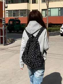 日韓風小眾設計 INS 風通勤戶外日常購物波點清新可愛女款大學生帆布後背包校園包 - 黑色 - 查看 2