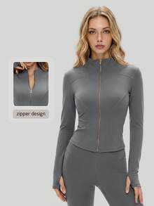 NcmRyu Women's 1pc Metal Zipper Small Stand Collar Thumb Hole Long Sleeve Slim Fit Sports Jacket - Grey - View 1