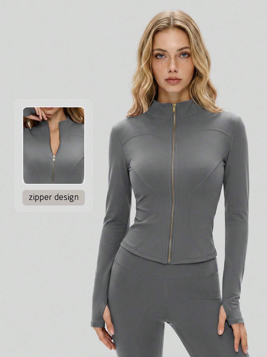 NcmRyu Women's 1pc Metal Zipper Small Stand Collar Thumb Hole Long Sleeve Slim Fit Sports Jacket - Grey - View 1