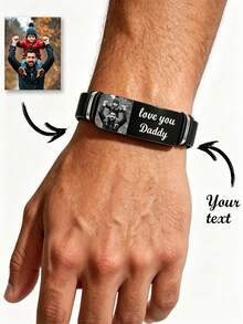 Customized Name & Photo Bracelet, Couple Matching Bangle, Engraved Photo & Text Stainless Steel Jewelry Gift For Him/Her, Personalized Stainless Steel ID Bangle, Customized Jewelry Gift For Boyfriend/Girlfriend Couple, Valentine's Day Accessory, Back To School Gift, Father's Day Gift - Multicolor - View 2