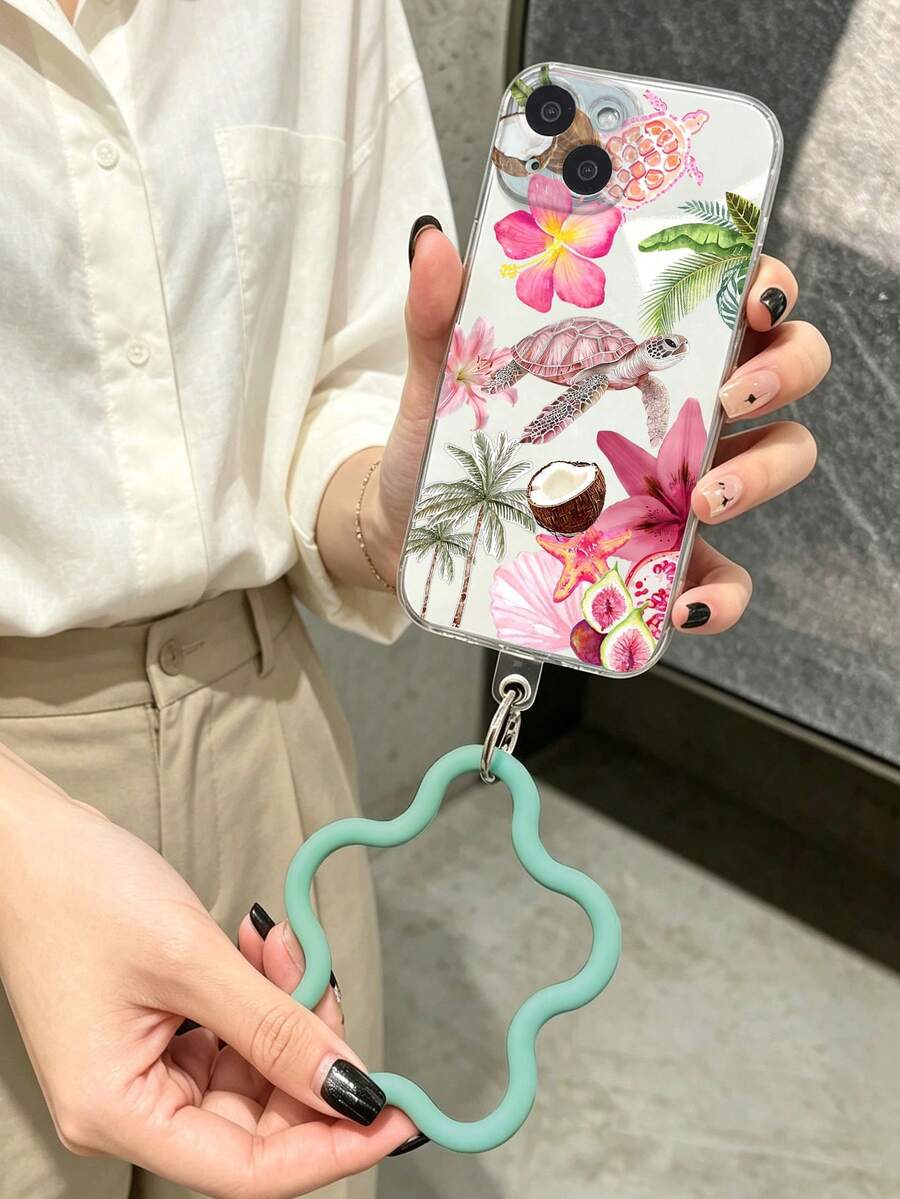 熱帶海龜花卉透明手機殼，附波浪綠手腕繩，相容 iPhone 16 Pro Max、13、15，Galaxy A54 A14 A15 S23 S24 S24ultra S25 A07 A17 S26 A57，防水、防摔、防刮 - 彩色 - 查看 1