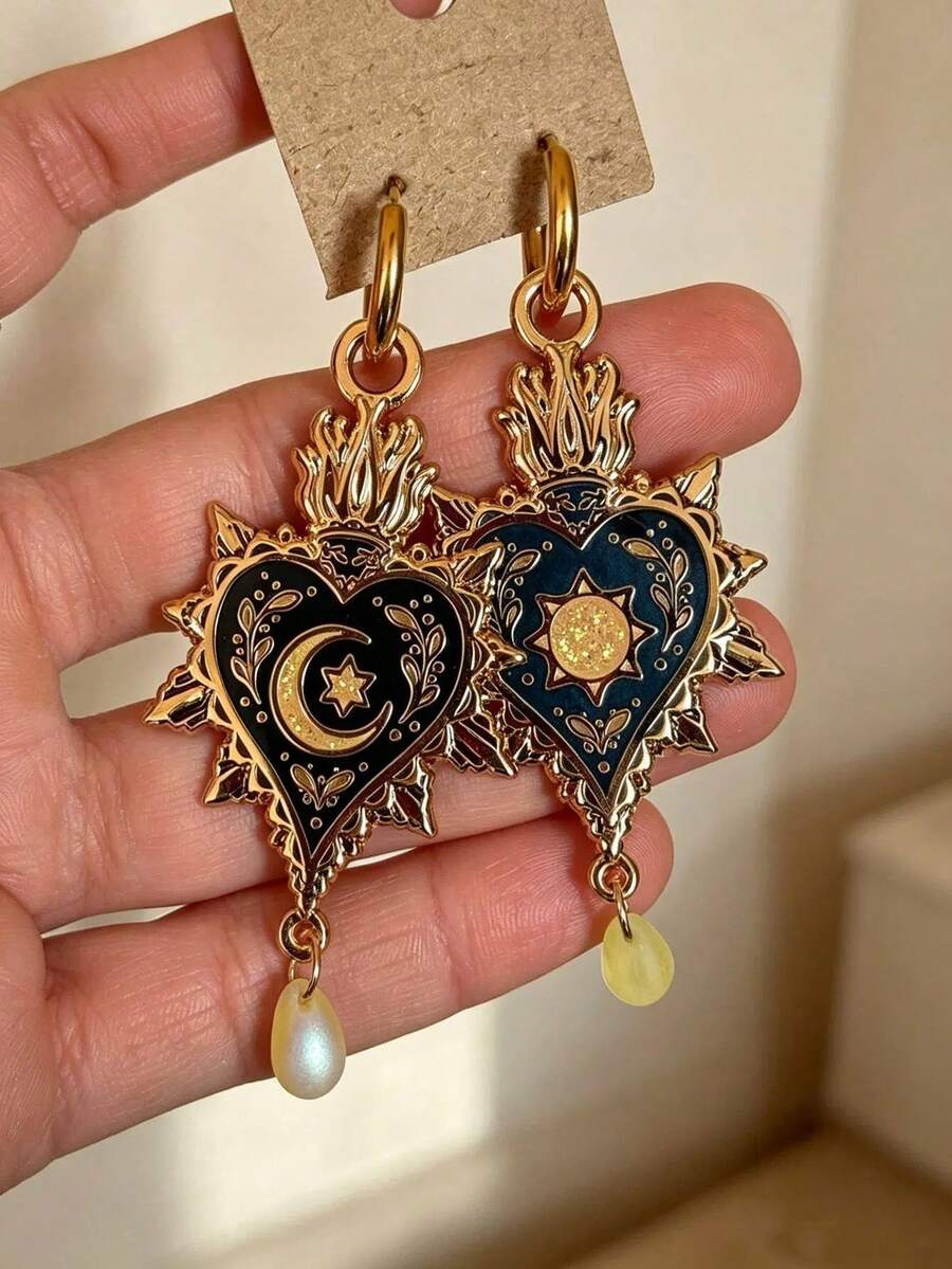 1 Pair Vintage Gothic Style Enamel Sun Moon Heart Teardrop Pendant Earrings, Women's Versatile Daily Casual Date Party Jewelry - Earrings - View 1