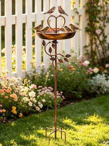 1pc Vintage Iron Bird Bath Feeder, Outdoor Garden Patio Decor, Bronze Heart-Shaped Top With 2 Birds And Leaf Design, Weather-Resistant, Sturdy Ground Stake, Easy Installation And Detachable, Summer Garden Essential, Holiday Decoration And Gift - Multicolor - View 10