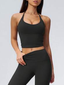 NcmRyu Women's One Set Solid Color Halter Tie U-Neck Backless Cropped Tank Top High Waist Ankle Pants Sports Outfit - Black - View 8