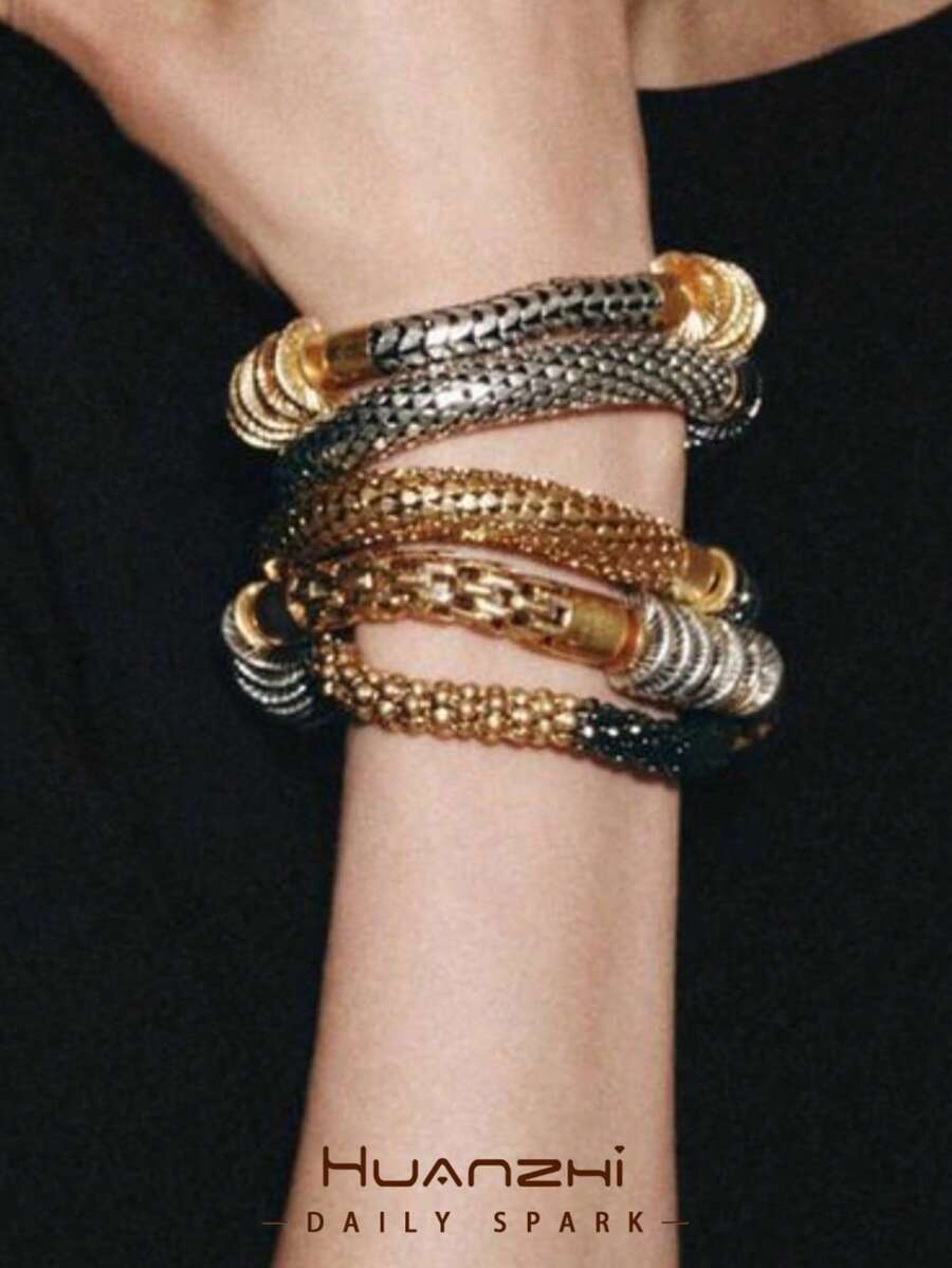 5件組歐美風金銀色拼接彈力繩手鍊,極簡INS風時尚手鍊套組,適合女性日常配戴 - 彩色 - 查看 1