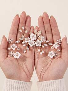 3pcs French Fairy White Flower Pearl Rhinestone U-Shaped Hair Pins, Bridal Wedding Updo Hair Accessories, Handmade Woven Alloy Hair Ornament Set - Gold - View 5
