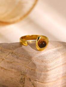 3Pcs/Set Vintage Amber Color Natural Stone Sun Rings Set For Women Stainless Steel Geometry Open Ring Set Party Jewelry Birthday Gift - Multicolor - View 10